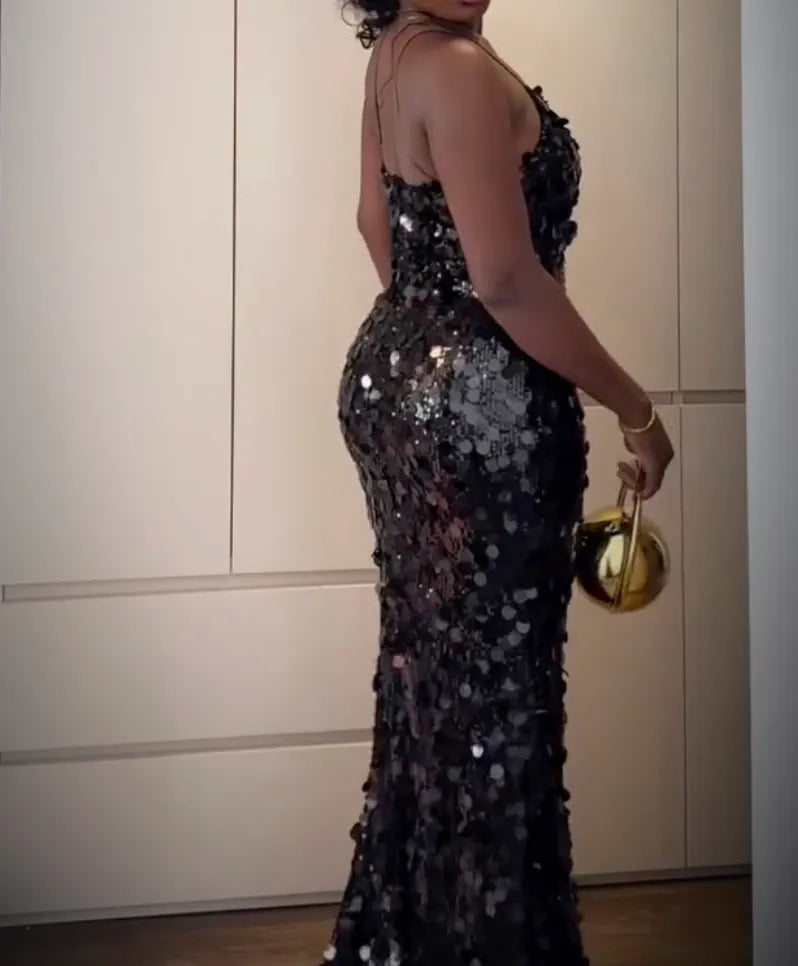 Deep V Spaghetti Strap Large Paillette Sequin Mermaid Evening Gown, Black Backless Bodycon Floor Length Formal Dress