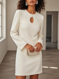 White Pearl Hollow Out Classic Crew Neck Long Sleeve Shift Mini Dress
