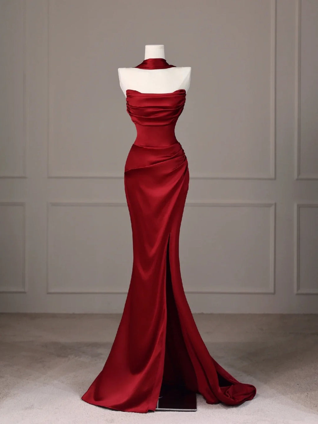 Red Mermaid Evening Dresses, Long Sleeveless Prom Party Gowns With Slit  25533