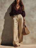 Chic Bohemian Brown V-Neck Draped Top & Natural Beige Trousers Outfit