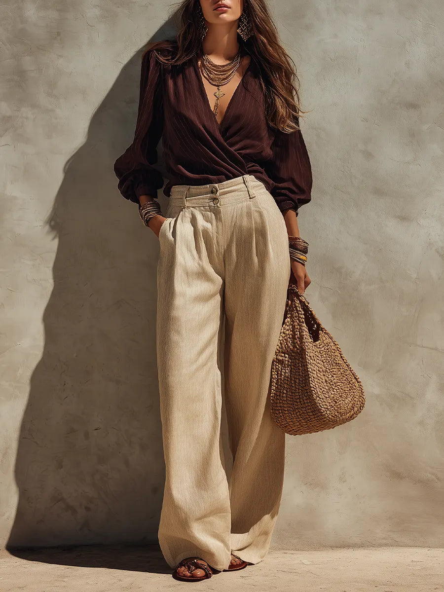 Chic Bohemian Brown V-Neck Draped Top & Natural Beige Trousers Outfit