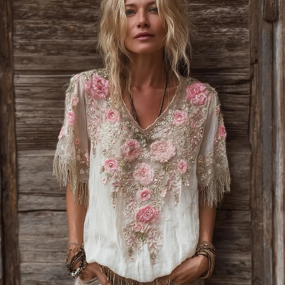 Women's Rose Flower V-neck Vintage Linen Short-sleeve Shirt