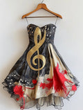 Retro Elegant Music Theme Irregular Stitching Dress 7357