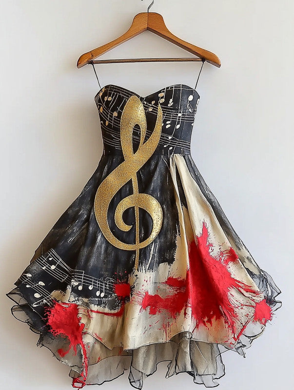 Retro Elegant Music Theme Irregular Stitching Dress 7357