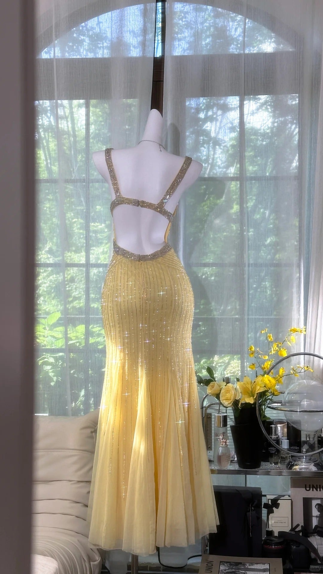 Lit Yellow Gorgeous Shiny Fashion Elegant Exquisite Beaded Long Tulle Backless Fairy Ball Gown Evening Dress Birthday/Wedding Guest/Holiday Party Dress Prom Dress Valentine's Day Date Dress