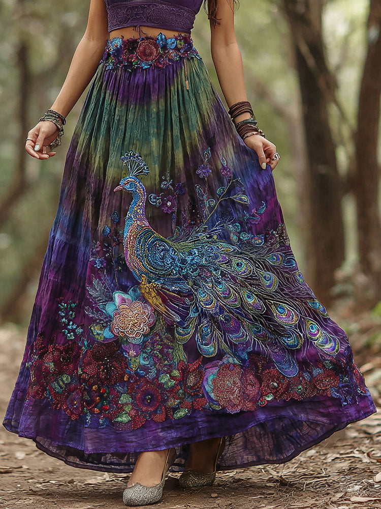 Retro Peacock Floral Gradient Art Linen Blend Midi Skirt