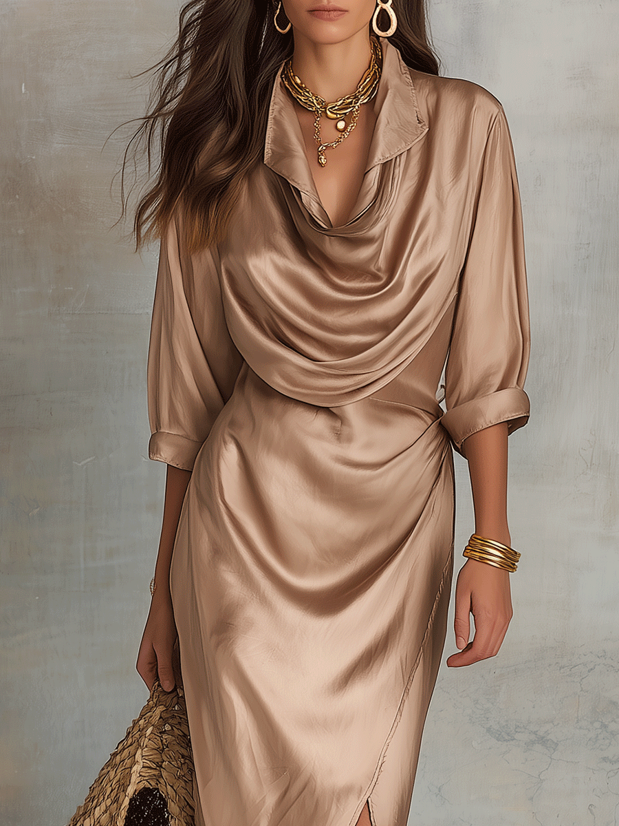 Elegant Draped Satin Resort Champagne Gold Midi Dress