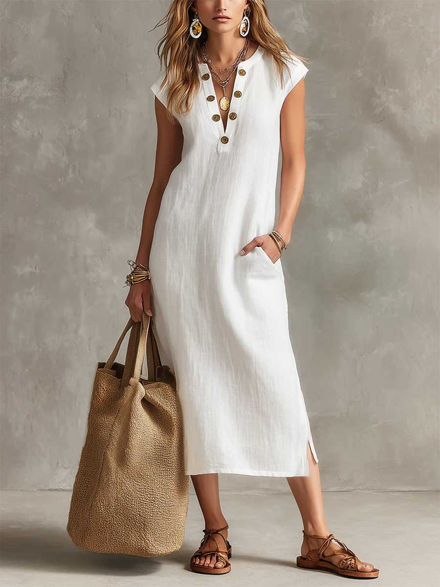 Minimalist V-neck Button-front Cotton-linen Midi Dress