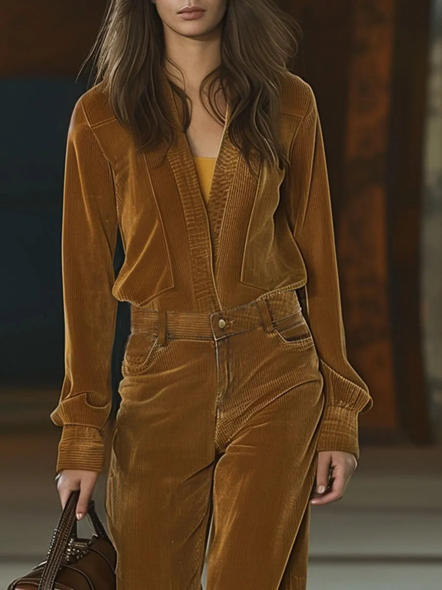[24-hour shipping out]Casual Loose V-Neck Pocket Long Sleeve Corduroy Jumpsuit