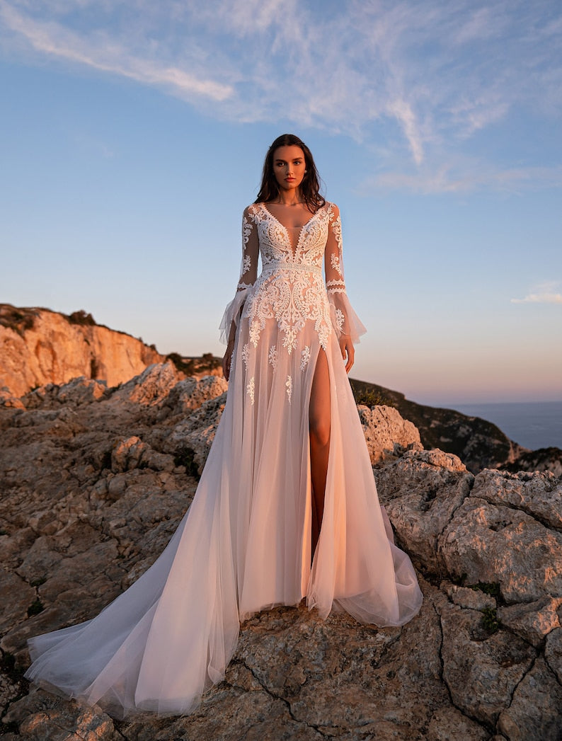 Stunning Boho Long narrow flared sleeves Semi sheer bodice with Deep-V neckline Lace sequin Slit skirt A-line long train wedding dress