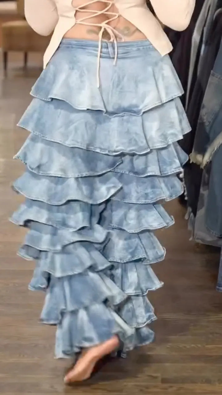 Light Blue Tiered Ruffle Denim Wide Leg Pants