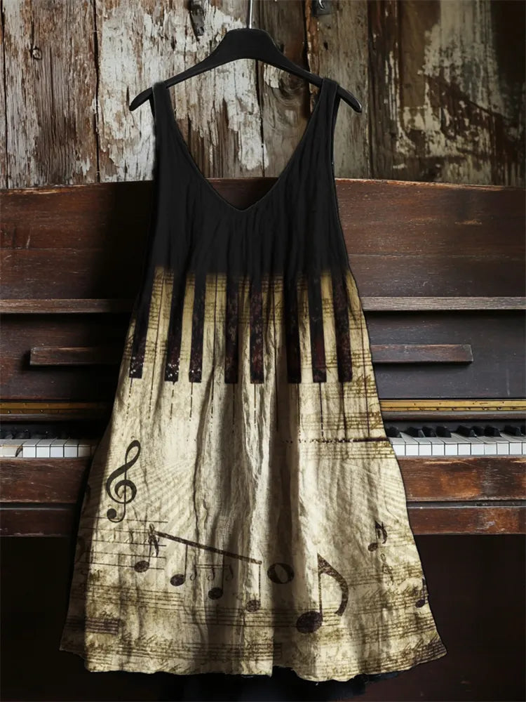Vintage Music Notes Piano Keys Contrast Linen Dress 7fe3