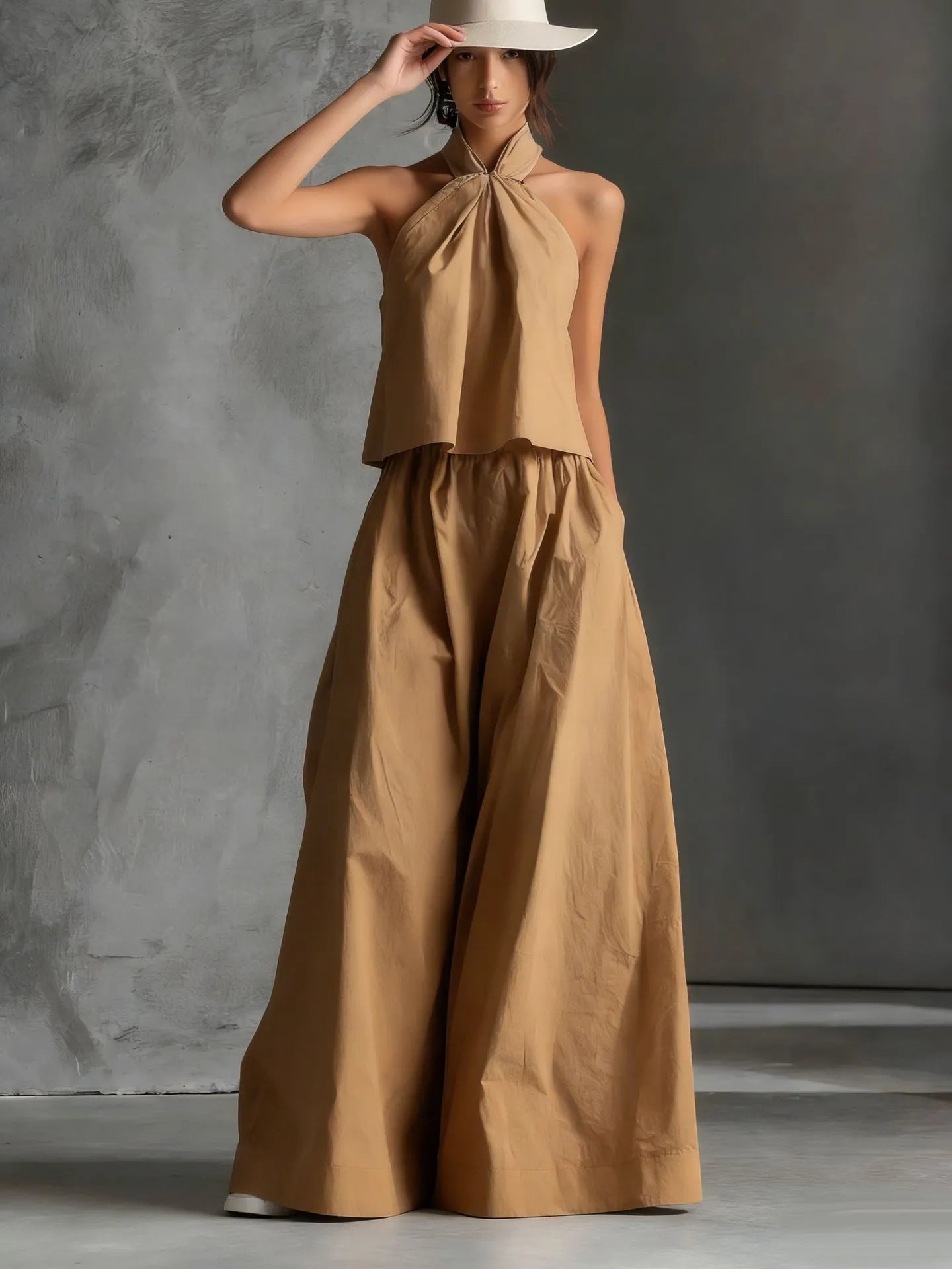 Minimalist Halter Neck Two-Piece Set - Chic Sleeveless Crop Top & High-Waisted Wide-Leg Pants Summer Suite