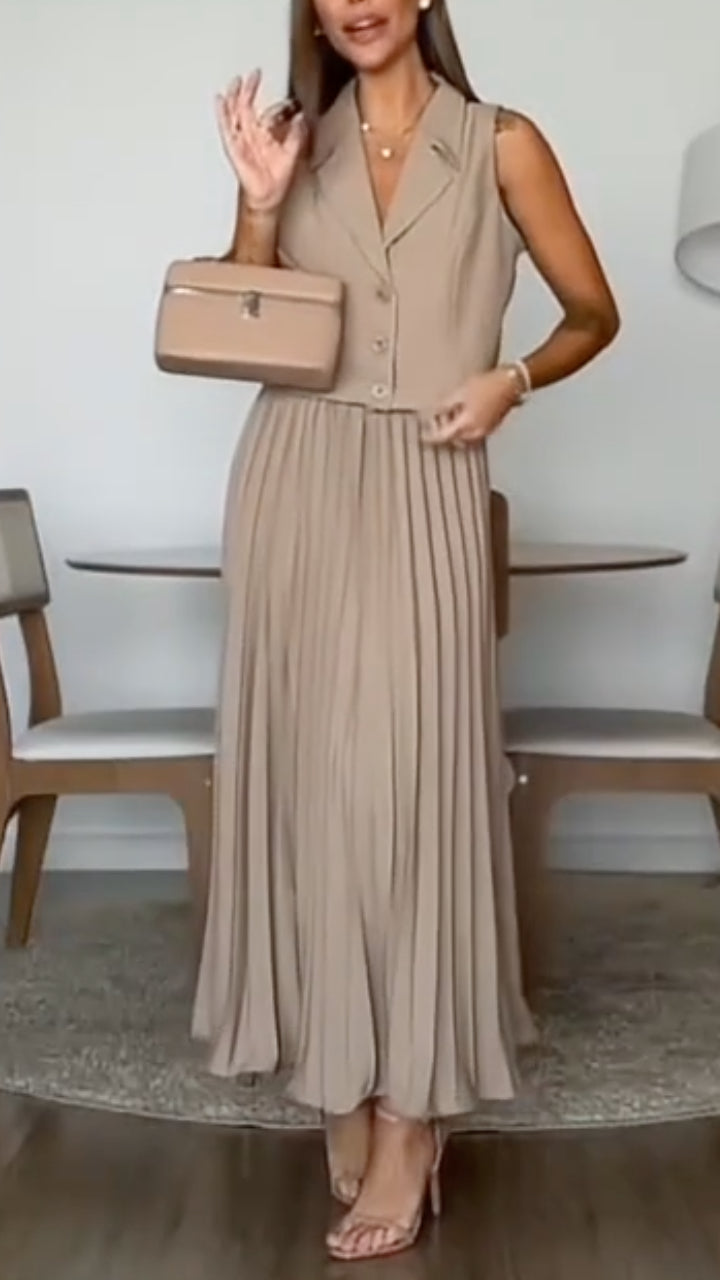 Beige Sleeveless Blazer Vest Pleated Maxi Skirt Set