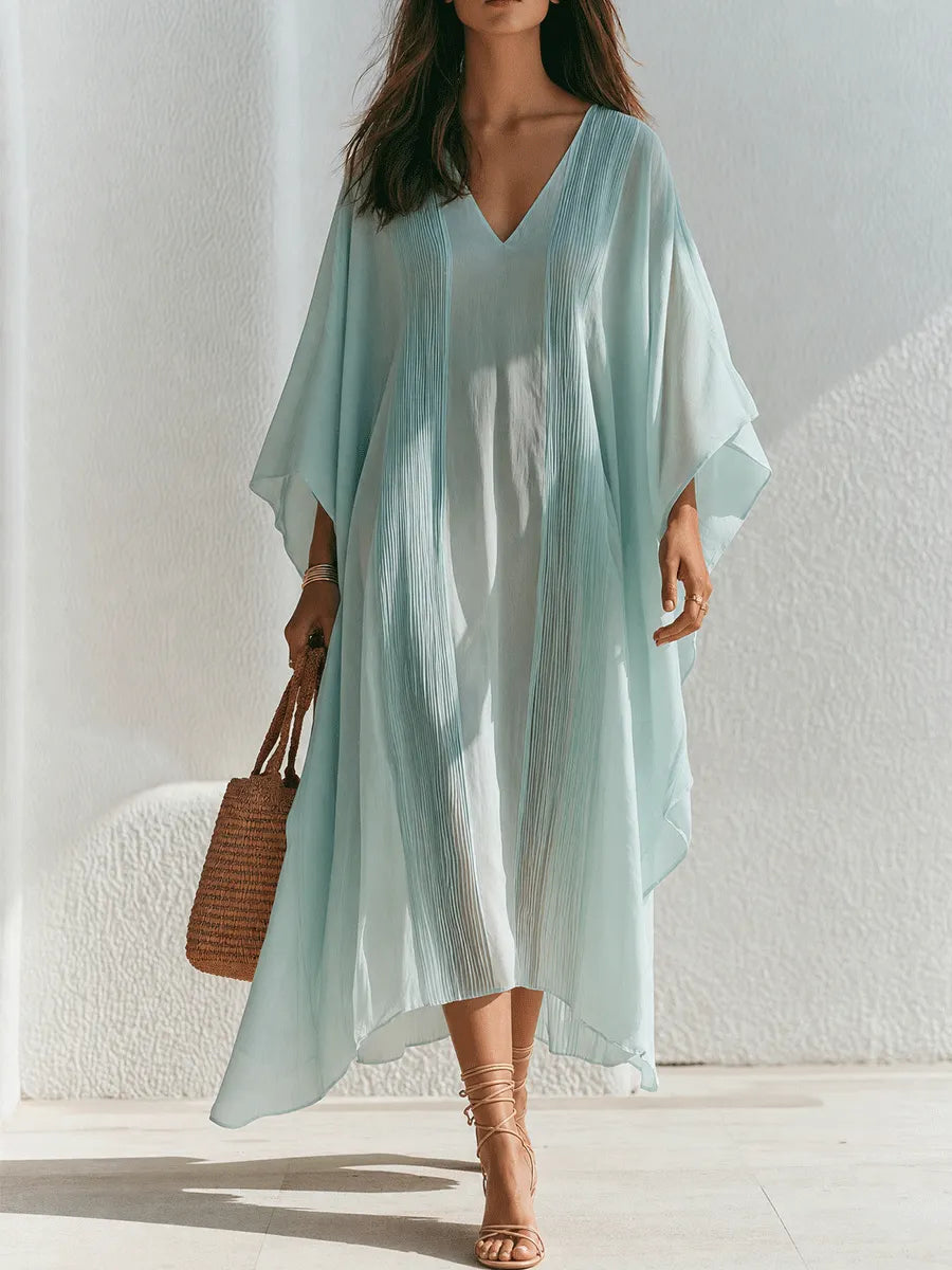 Effortless Resort Chiffon Pleated V-Neck Batwing Mint Blue Kaftan Maxi Dress