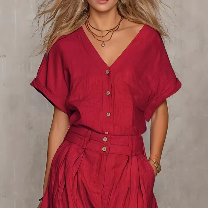 Elegant V-Neck Button-Up Jumpsuit Set with Wide-Leg Pants