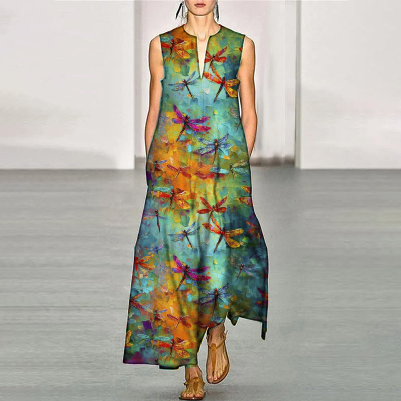 Oil Painting Dragonfly Women's Casual Resort Sleeveless Long Dress