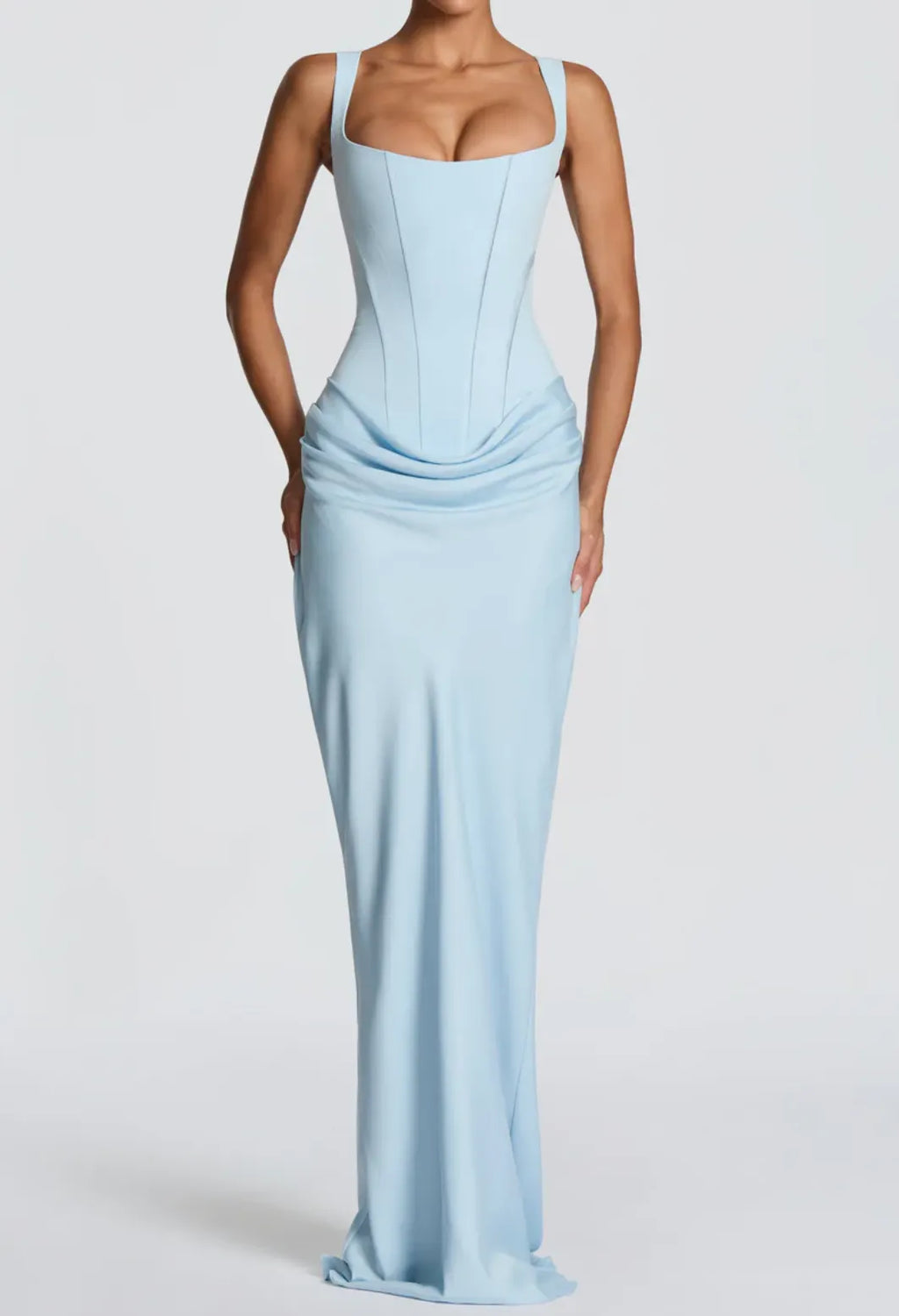Light Blue Satin Square Neck Corset Maxi Dress - Elegant Formal Evening Gown