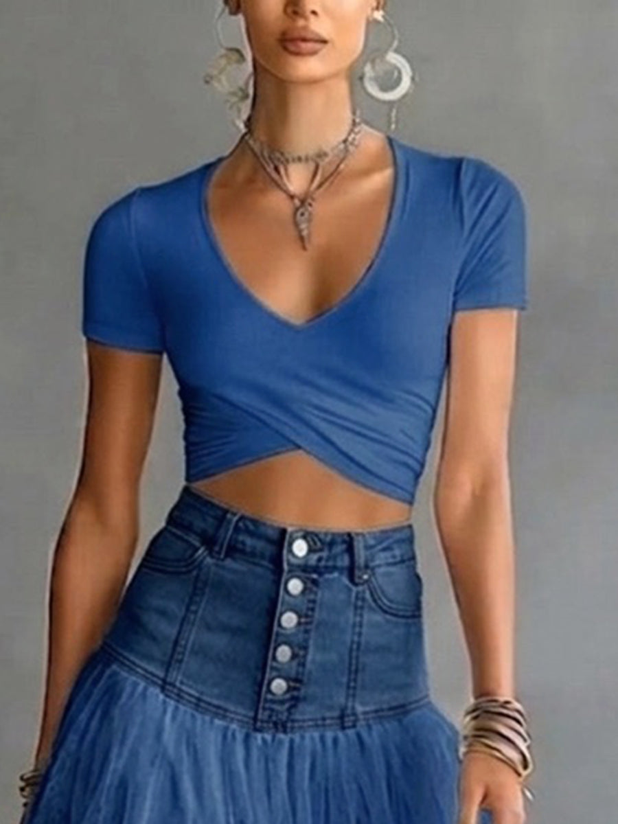 Casual & Comfortable Stretchy Knit Cropped T-shirt