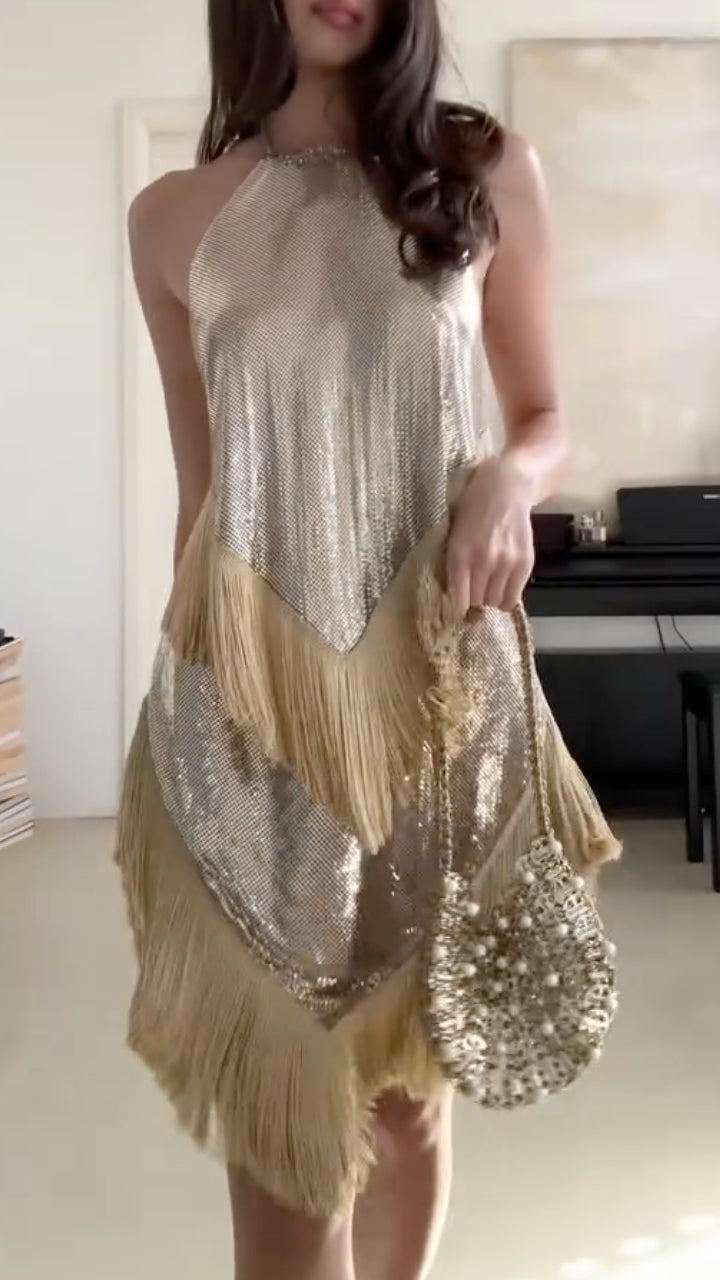 Gold Silver Sequin Fringe Halter Neck 2 Piece Set