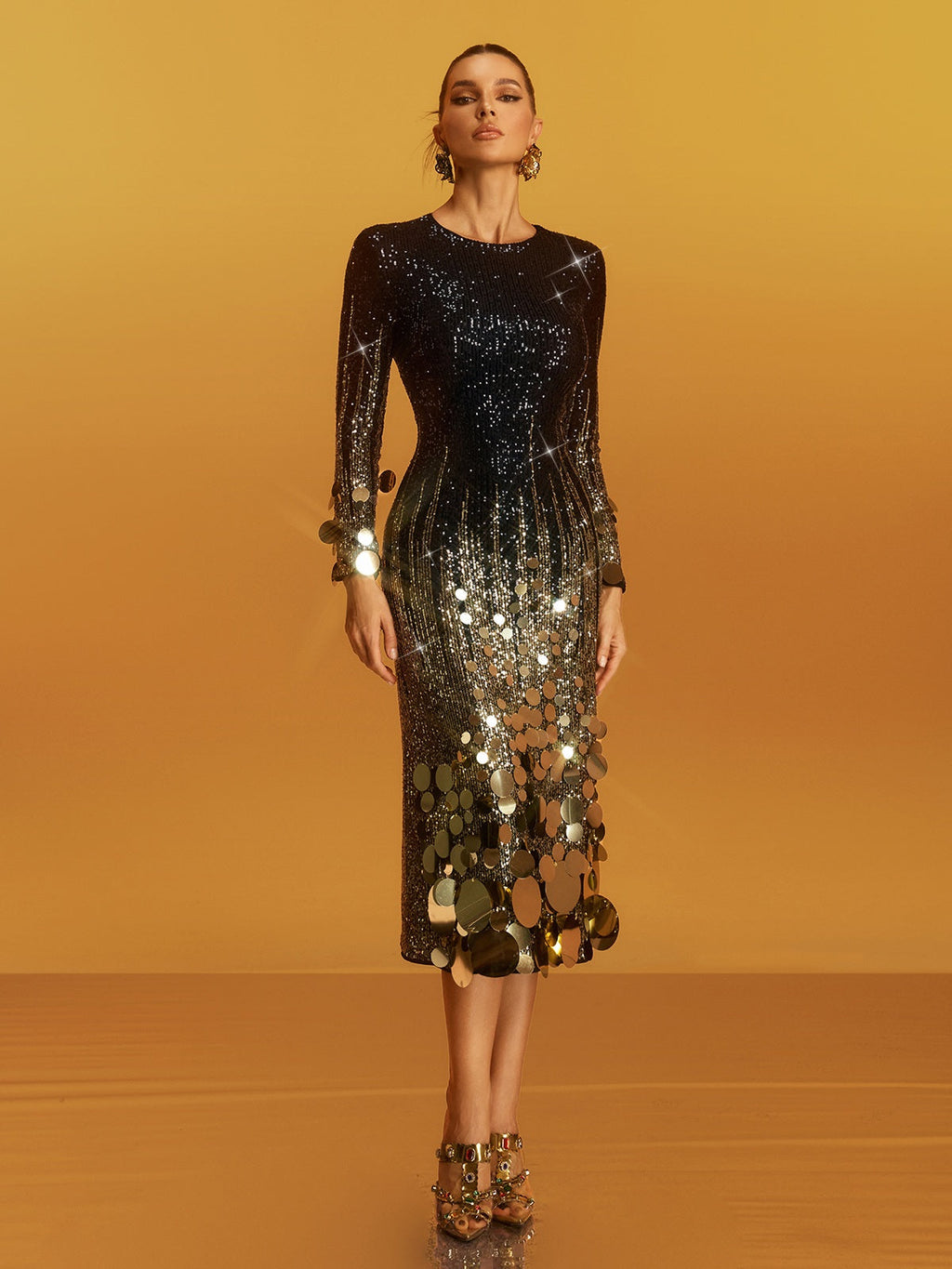 Aistulf Long Sleeve Round Sequin Midi Dress