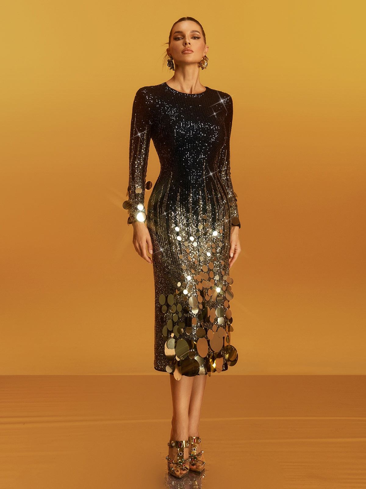 Aistulf Long Sleeve Round Sequin Midi Dress