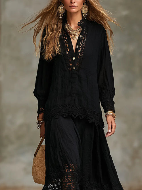 Bohemian Black Lace Shirt and Skirt Set