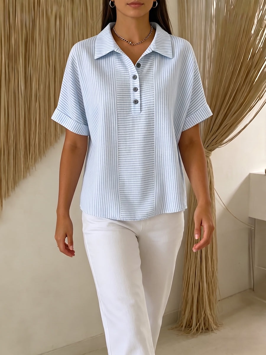 Artistic Cut Striped Cotton-linen Polo Collar Shirt Blouse