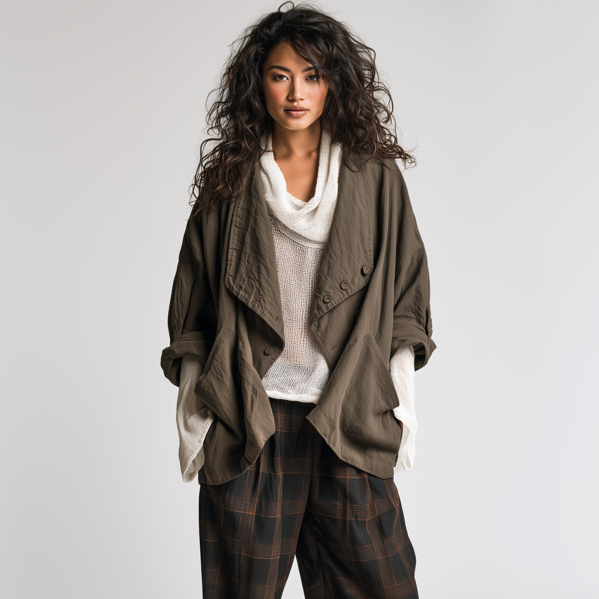 Utility Chic Washed-Cotton Open-Front Drop-Shoulder Army Green Shacket