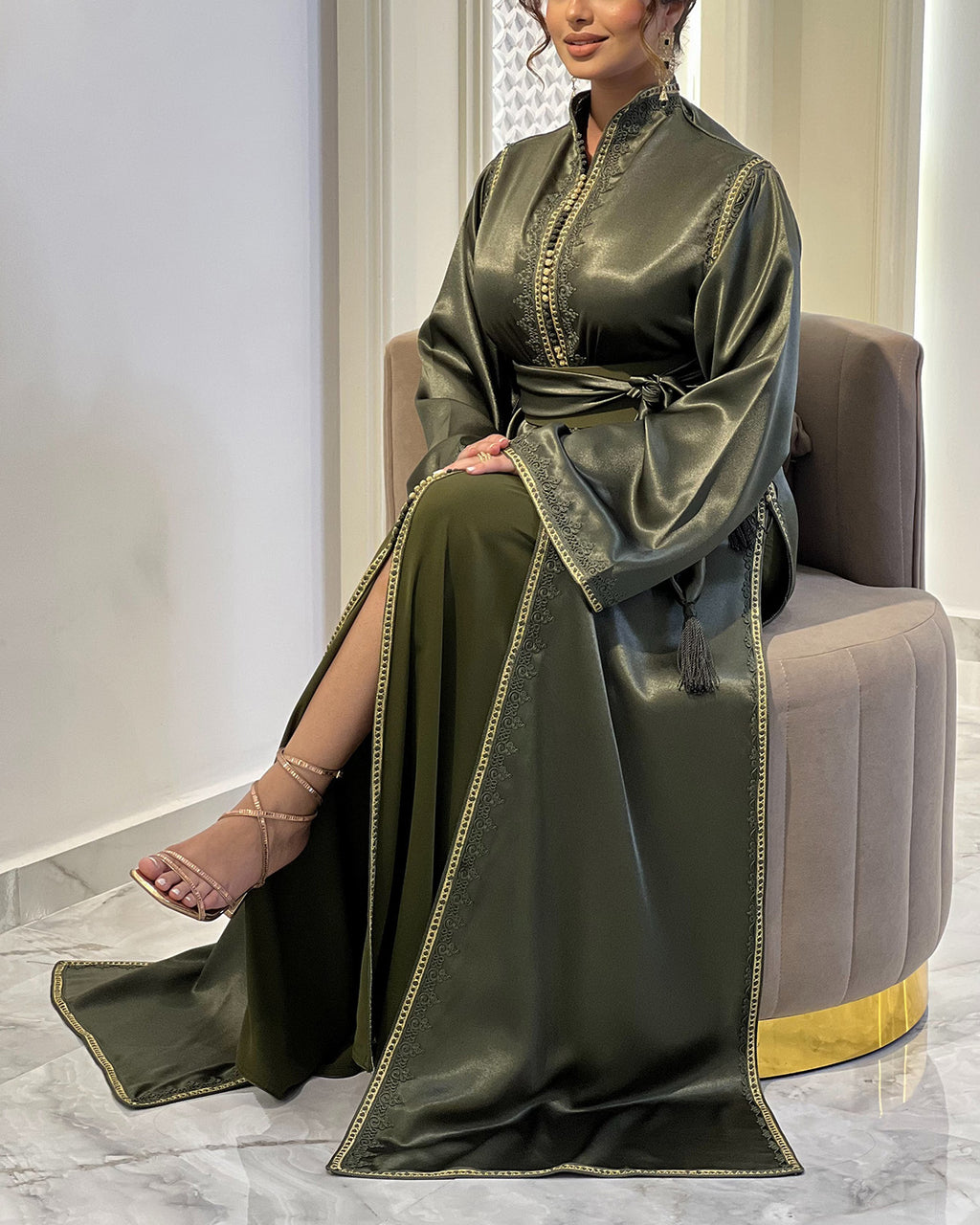 Women's Long Sleeve Satin Slit Kaftan Dress