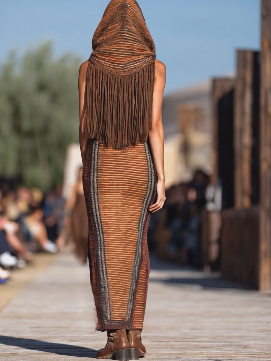 [24-hour shipping out]Western Retro Colorful Striped Knitted Tassel Hooded Slit Maxi Dress