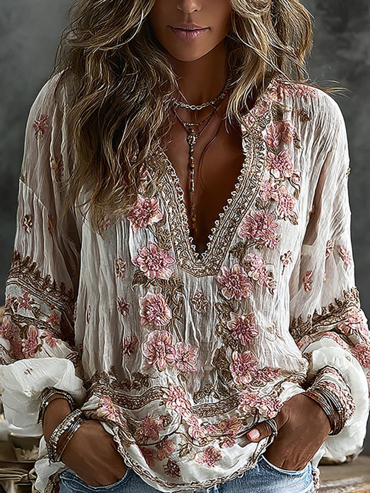 Women's Vintage Floral Embroidered Art Print Flowy Linen Blend Casual Tops