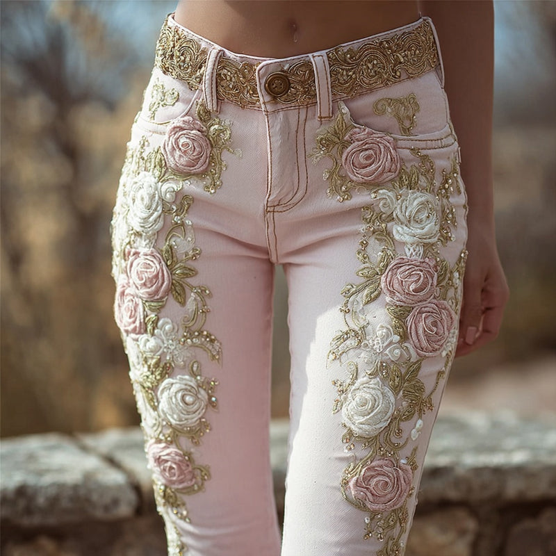 Vintage Boho Roses Embroidered Pink Skinny Jeans
