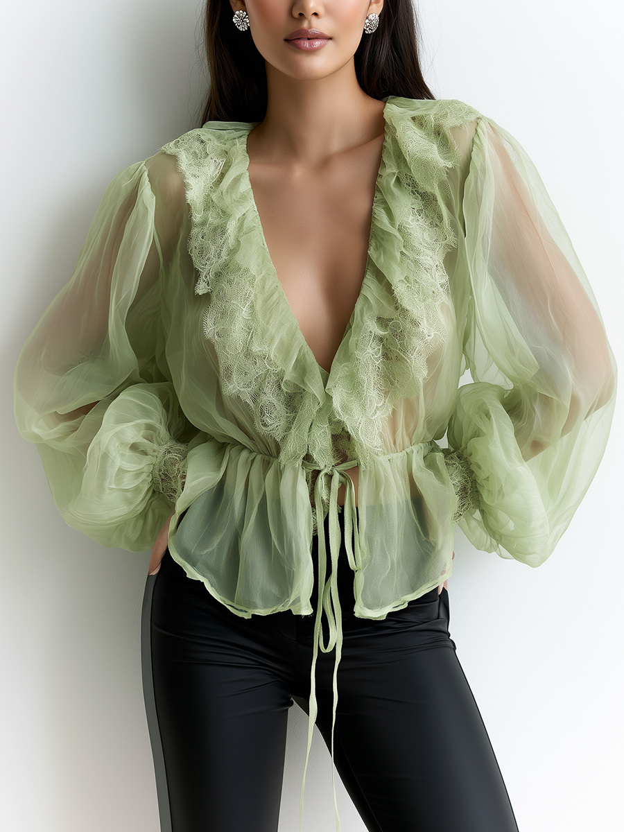 Elegant Organza Deep V-Neck Ruffled Slimming Top