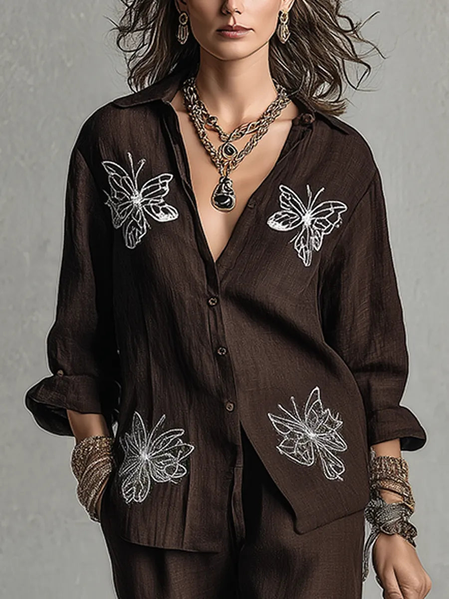 Bohemian Coffee-colored Embroidered Linen Suit