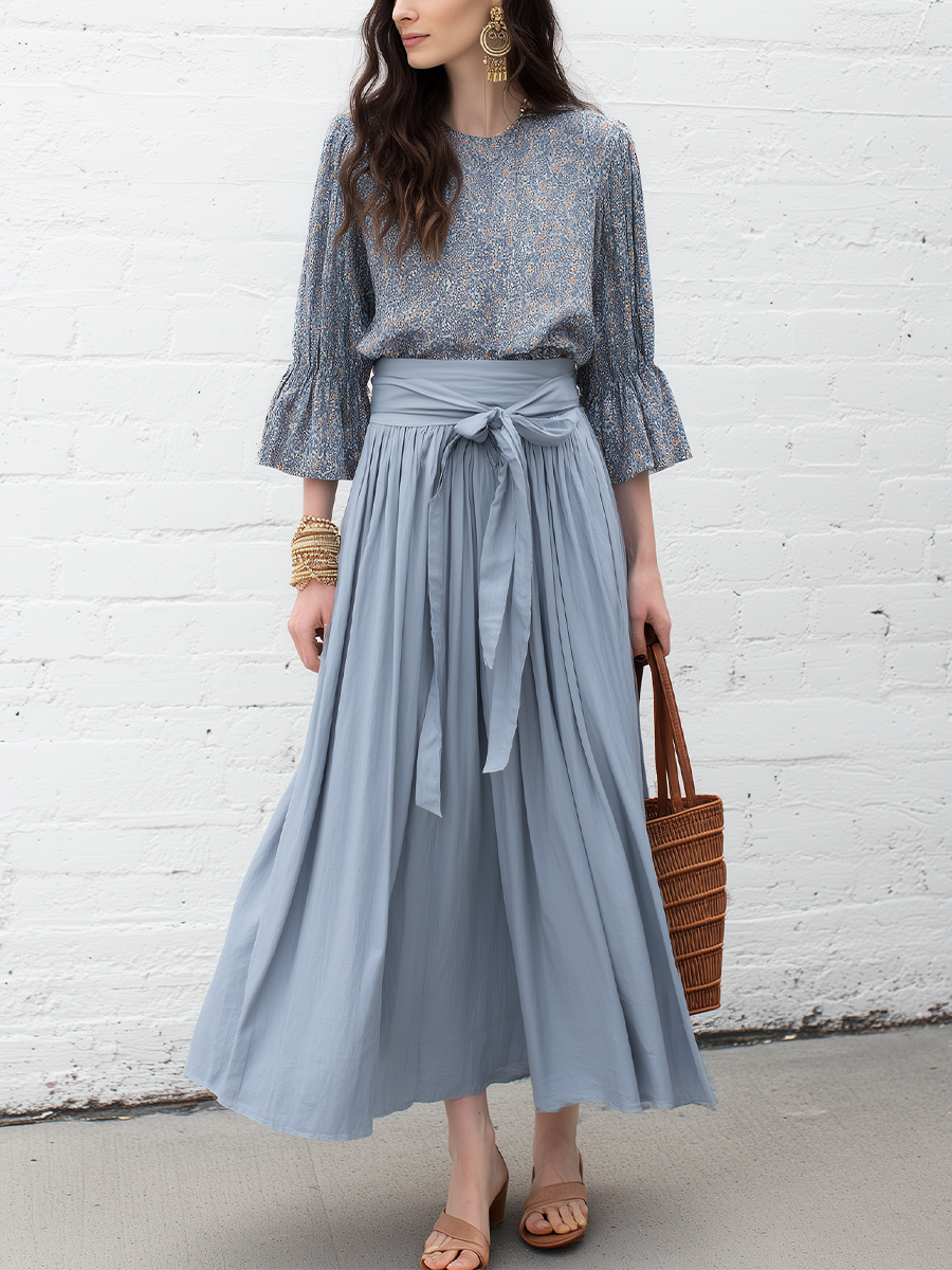 Elegant Dusty Blue Floral Print Blouse &  Skirt Set