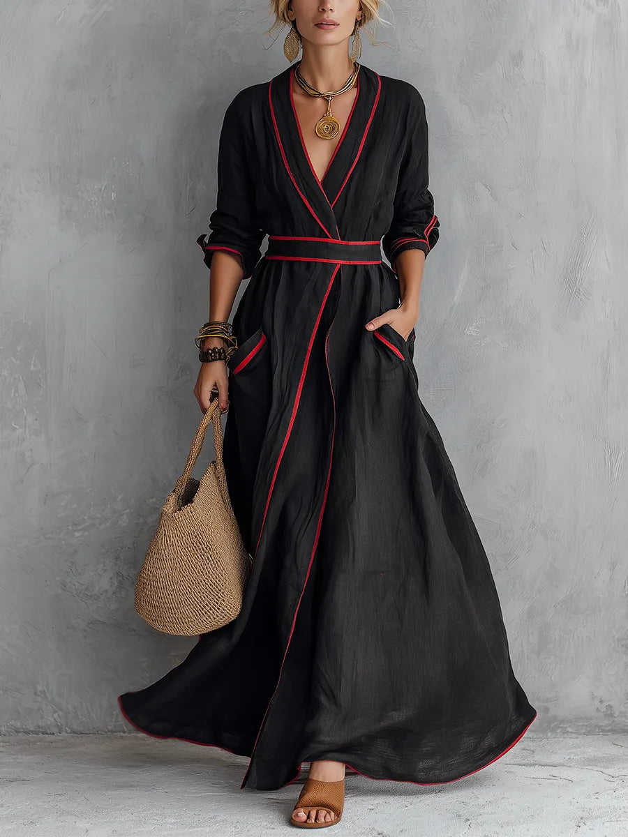 Boho Luxe Contrast Trim Wrap Maxi Dress