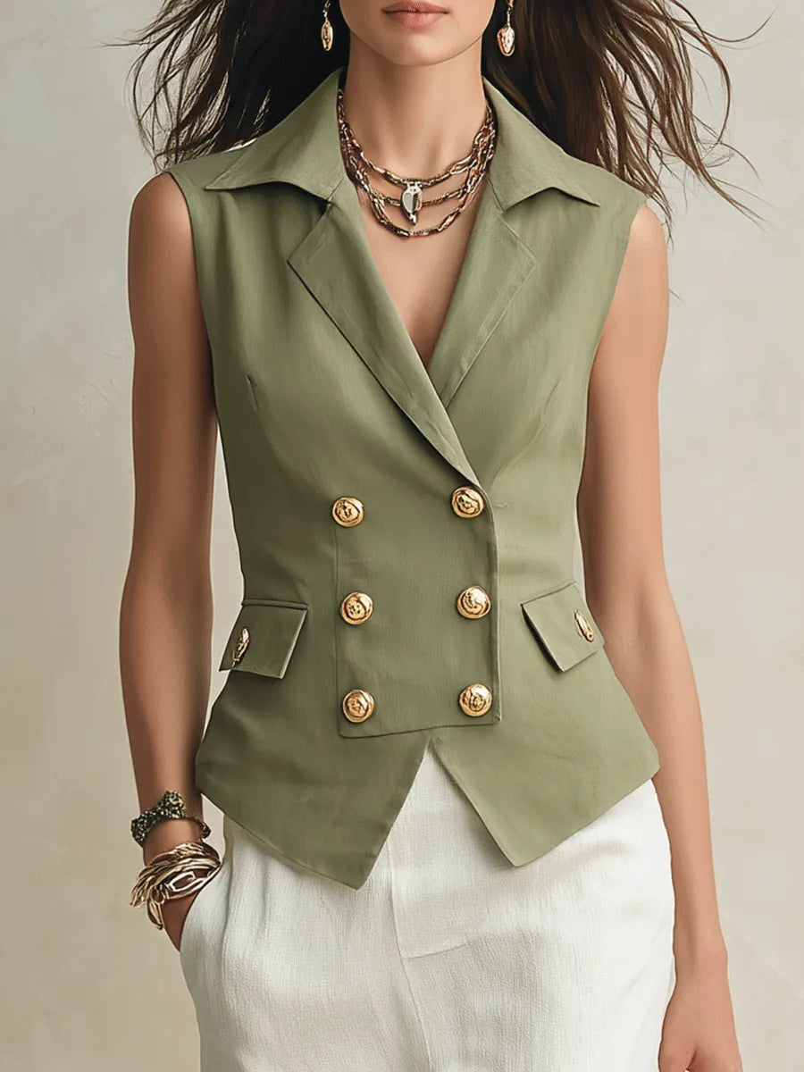 Safari Chic Olive Linen Vest & White Slit Maxi Skirt Set