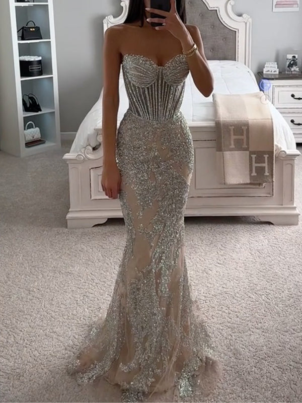 Shiny Sequinned flower mesh splicing Sleeveless tube Evening mermaid Maxi Dresses