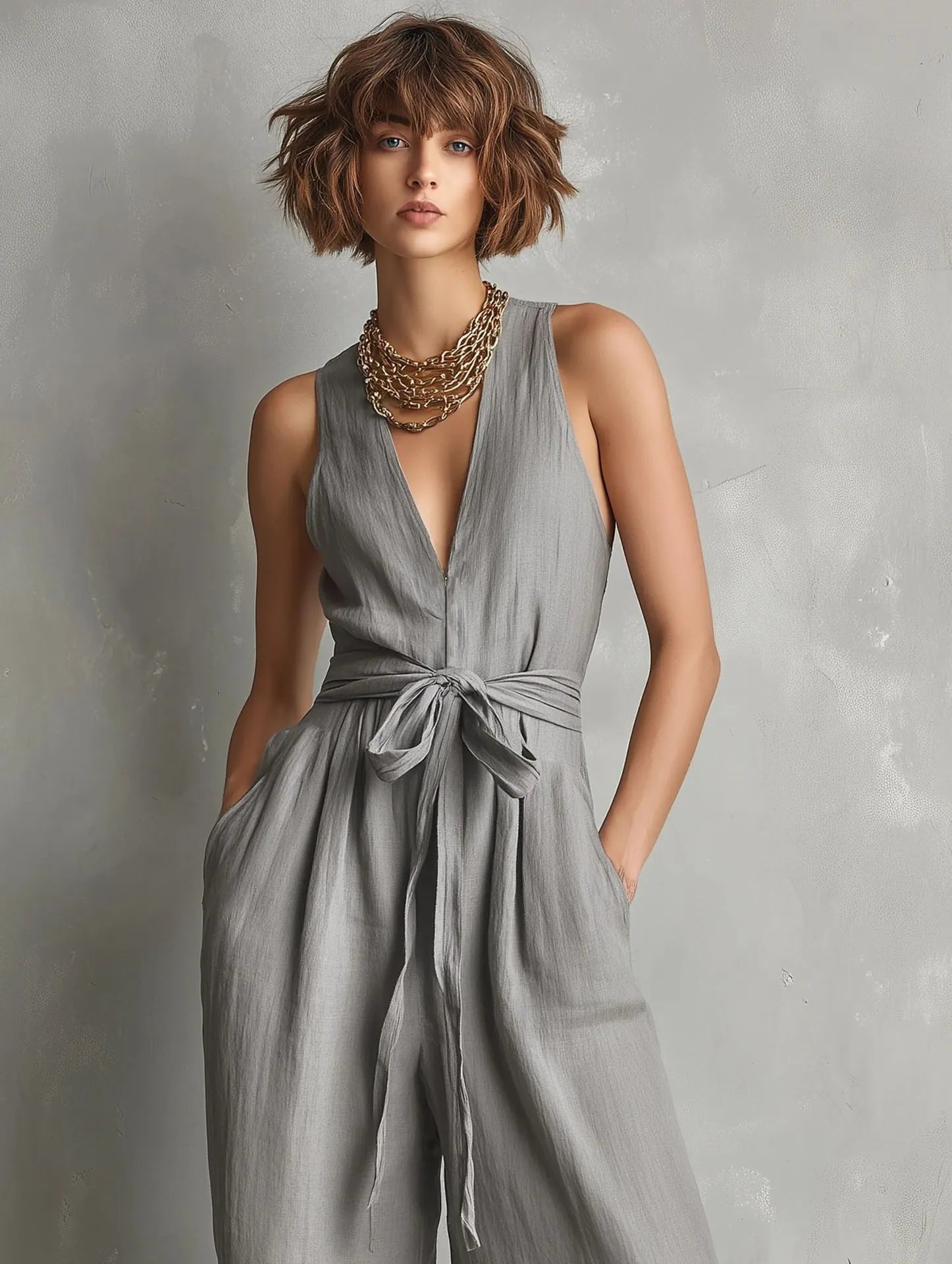 Gurtons Elegant Waist-Knot Jumpsuit - Sleeveless Wide-Leg One-Piece Quiet Luxury Set