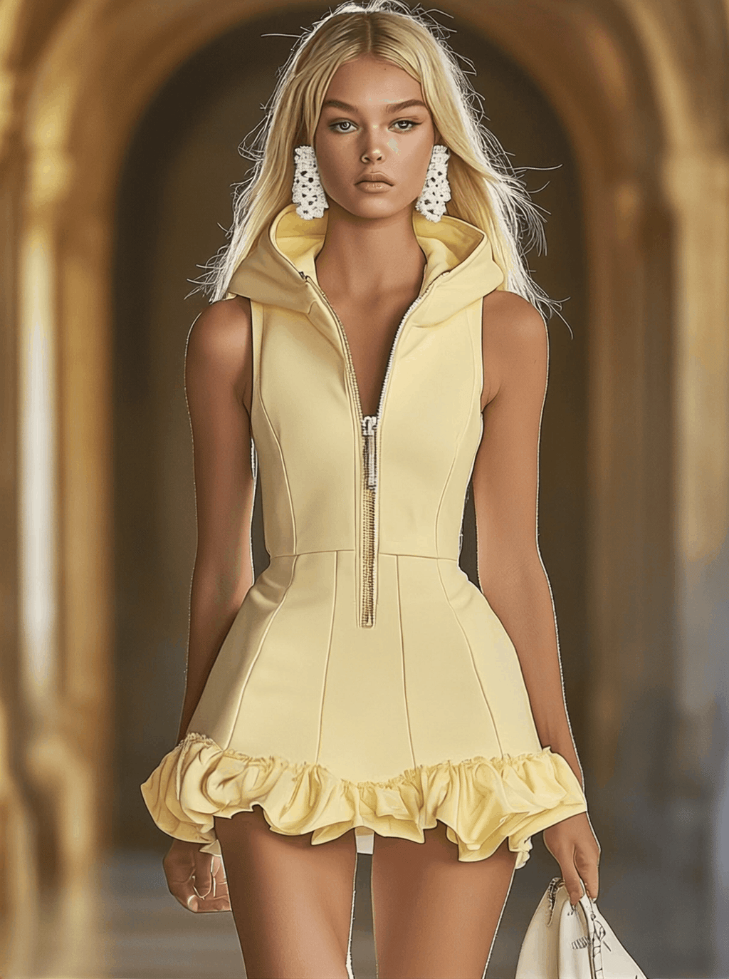 [24-hour shipping out]Fashion Slim Fit Goose Yellow Front Zip Hooded Ruffle Sleeveless Mini Dress