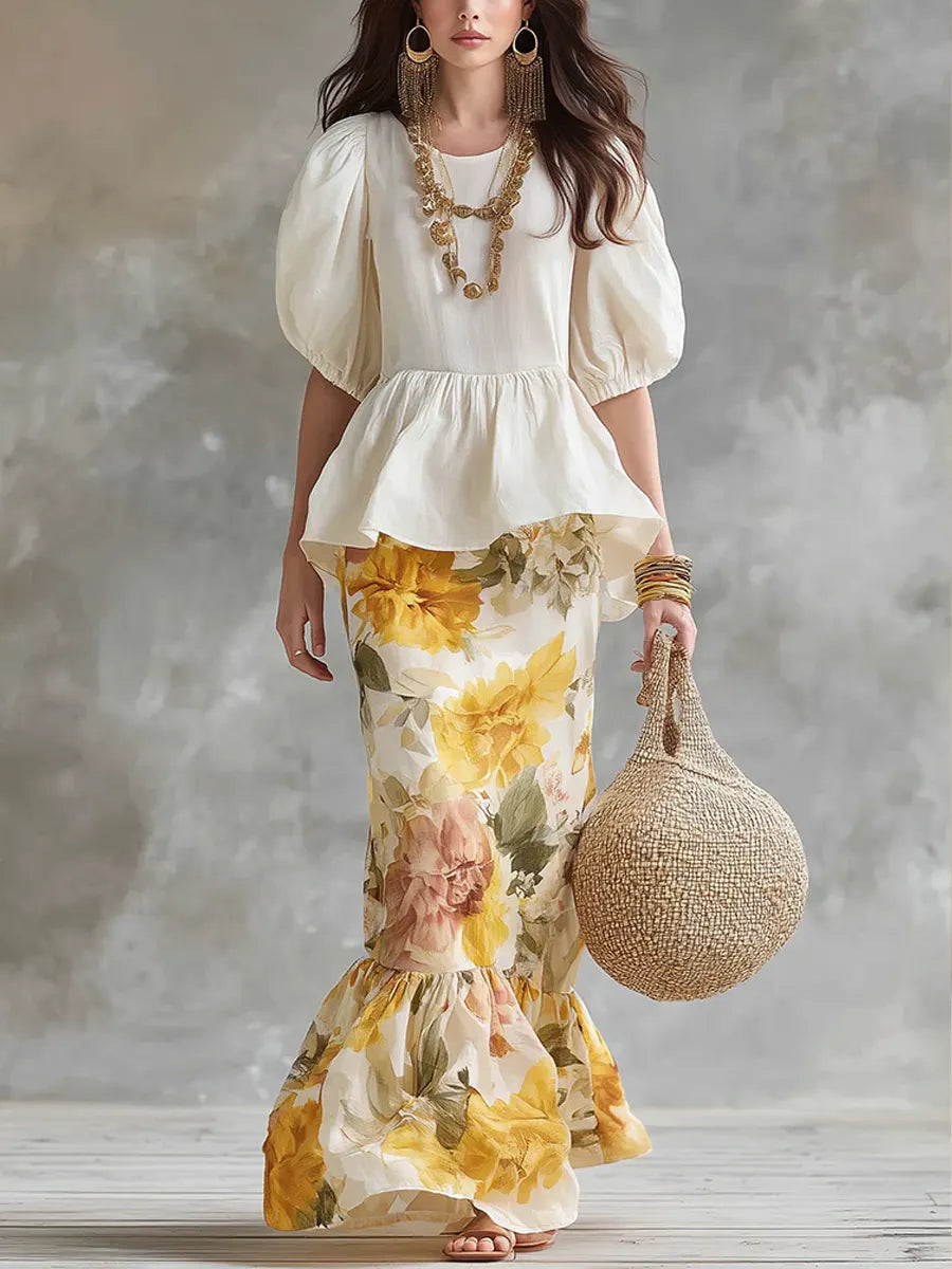 Women's Puff Sleeve Top With Vintage Floral Half-length Skirt Set