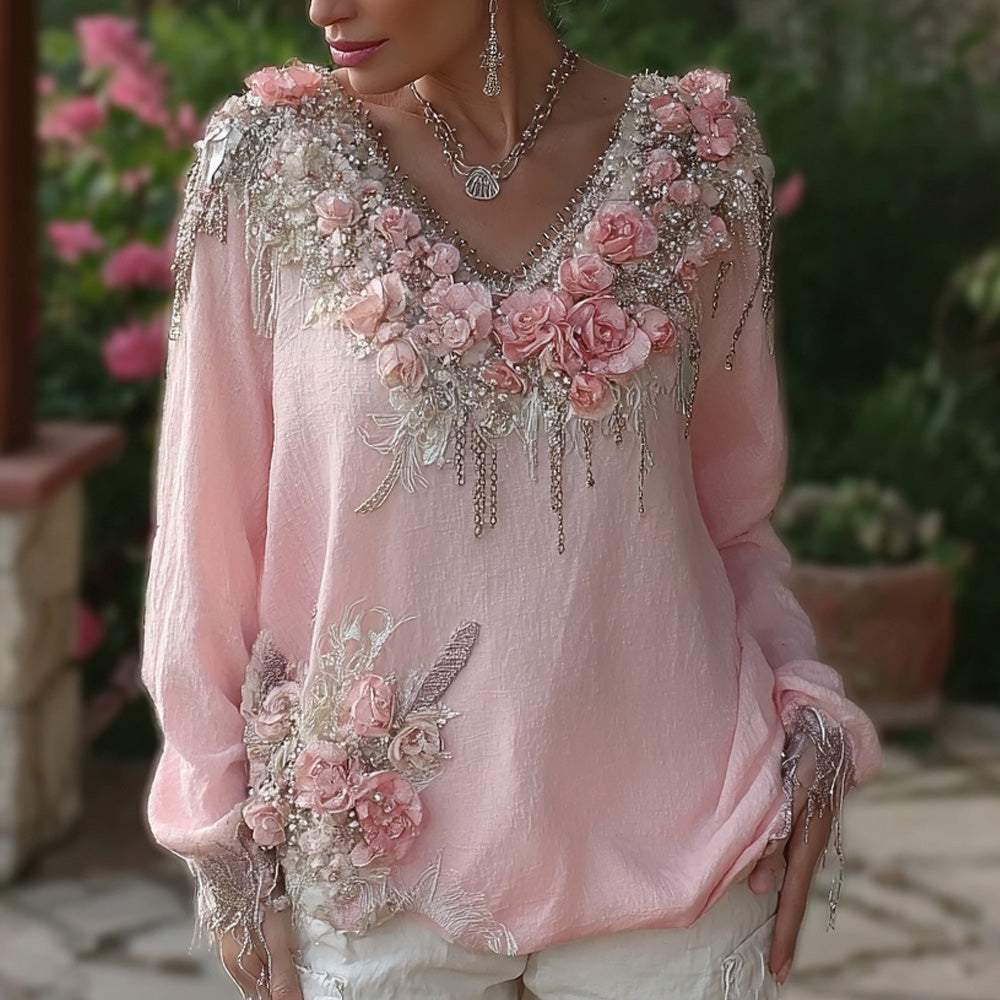 Vintage Boho Roses Art Glitter Cozy Linen Tunic