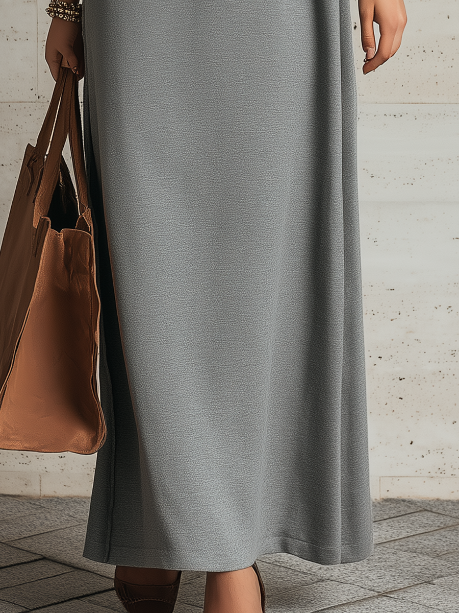 Minimalist Grey Contrast Collar Maxi Dress