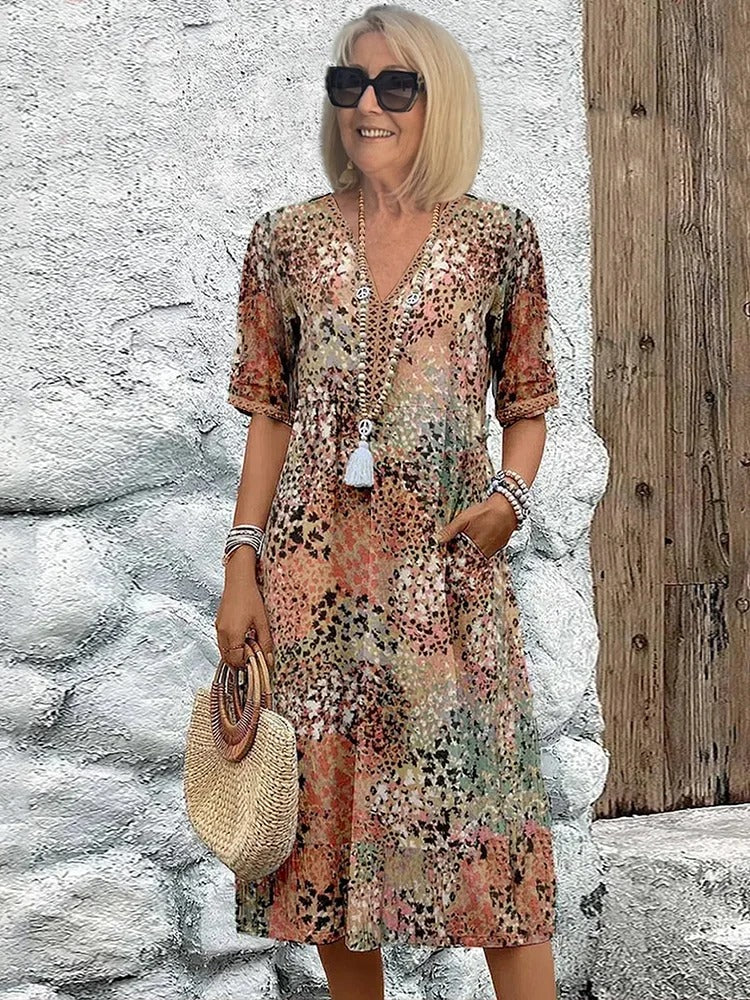 Vacation DRESS Women's Short Sleeve Summer Leopard Lace Dress V Neck Daily Going Out Casual Knee Length A-Line Khaki