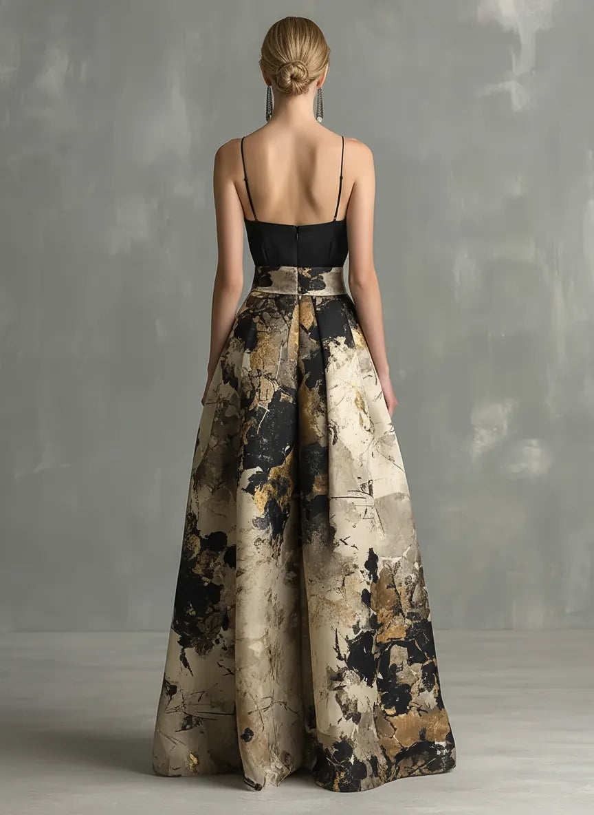 Women's Elegant Black And Beige Abstract Print V-Neck Spaghetti Strap Maxi Dress MDZ1483B2BA