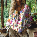 Women's Colorful Floral And Cat Art Shirt