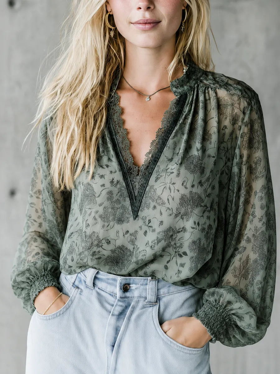 Romantic Boho Sage Floral Lace V-Neck Blouse Top