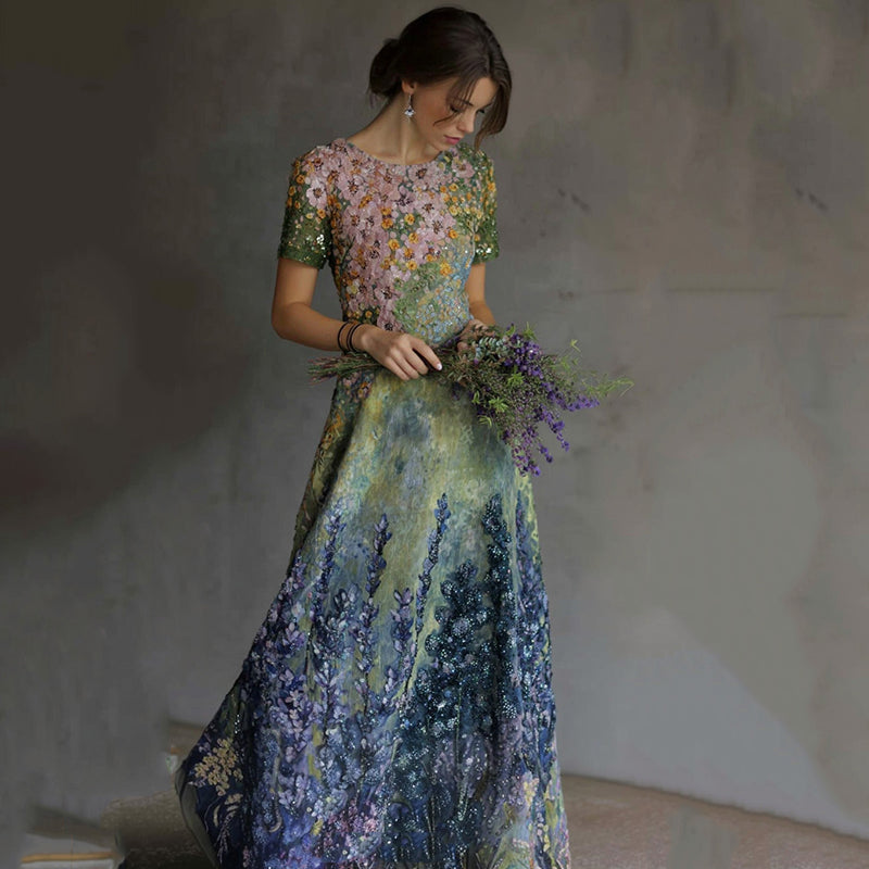 Art Oil Painting Lavender Floral Sequin Gradient Maxi Dress