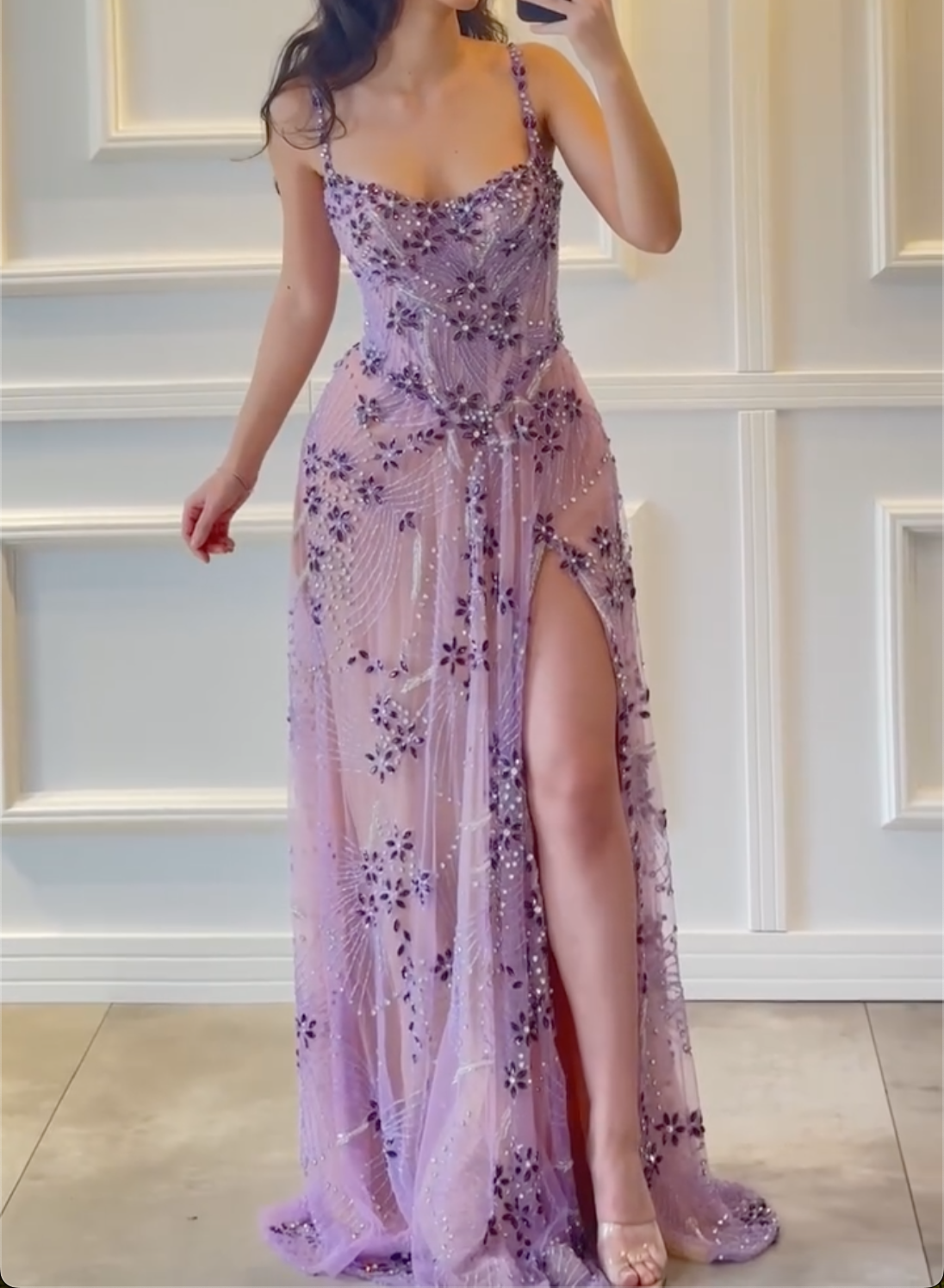 Green/Lavender Rhinestone Square Neck Maxi Dress with Sheer Mesh & High Slit